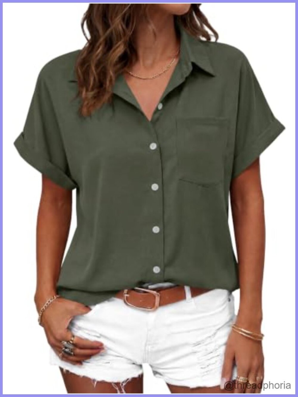 Women's Short Sleeve V-Neck Button Down Blouse with Pockets